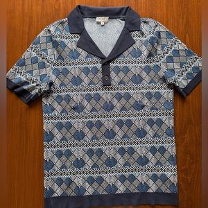 Reiss Navy and White Geometric cuban Collar Polo Size Small